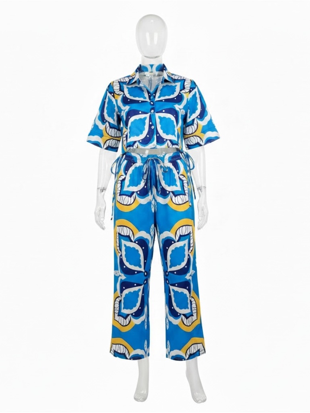 Halfheart Blue Patterned Women's Wide-Leg Two Piece Outfit Cropped Top